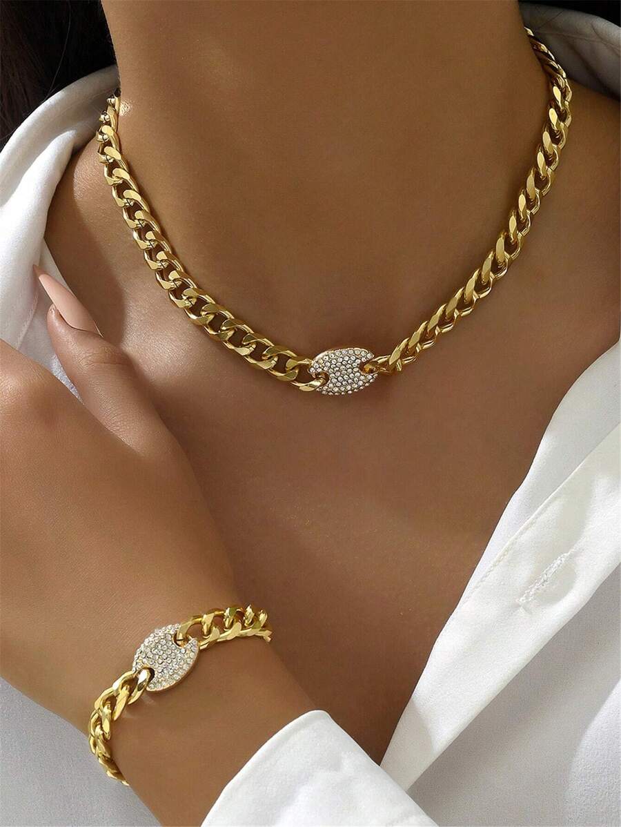 Set de 2 piezas de collar y pulsera minimalista con cadena geométrica de cristal y oro, para mujer - Dorado - Ver 1