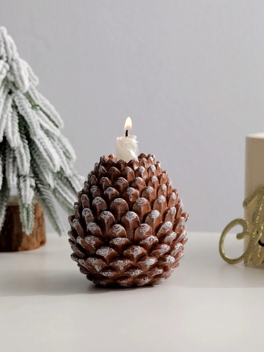 1pc Nordic Style Luxury Resin Christmas Pinecone Decor Candlestick - Brown - View 1