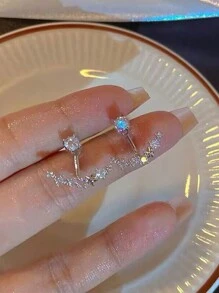 1pair Silver Plated Front Back Design Delicate Rhinestone Decor Arc Stud Earrings For Women - Multicolor - View 2