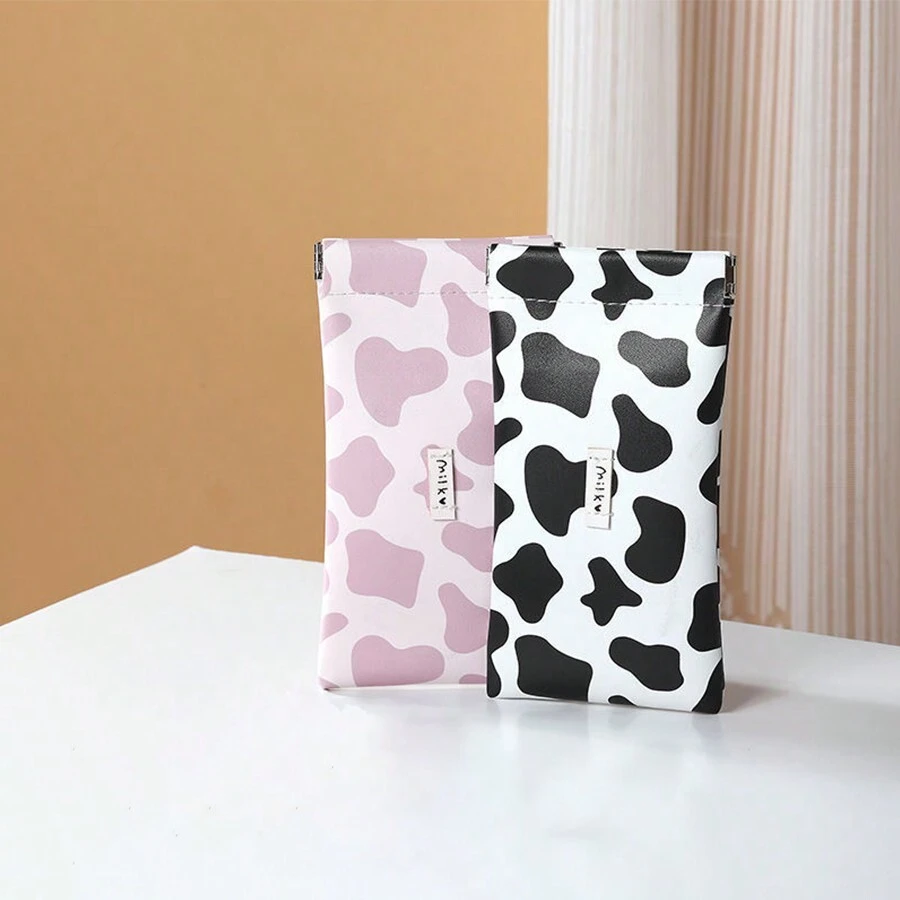 1片弹片自动闭合眼镜袋太阳镜女士便携收纳套装可爱卡通奶牛可爱系列清新简约便携化妆笔首饰眼镜盒奶牛印花
