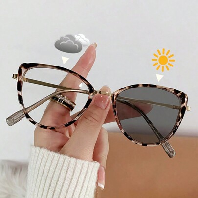 Cat Eye Metal Frame Photochromic Glasses, Minimalist College Style Casual Travel Accessory For Women For Summer Beach Vacation,Outdoor,Travel