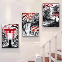 3入組40x60cm遊客和寺廟在山裝飾繪畫,完美適用於客廳,臥室,走廊裝飾用品,無框