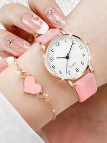 女士皮帶時尚簡約數字表盤石英手表+珠寶套裝(5件套) - 粉色 - 查看 3