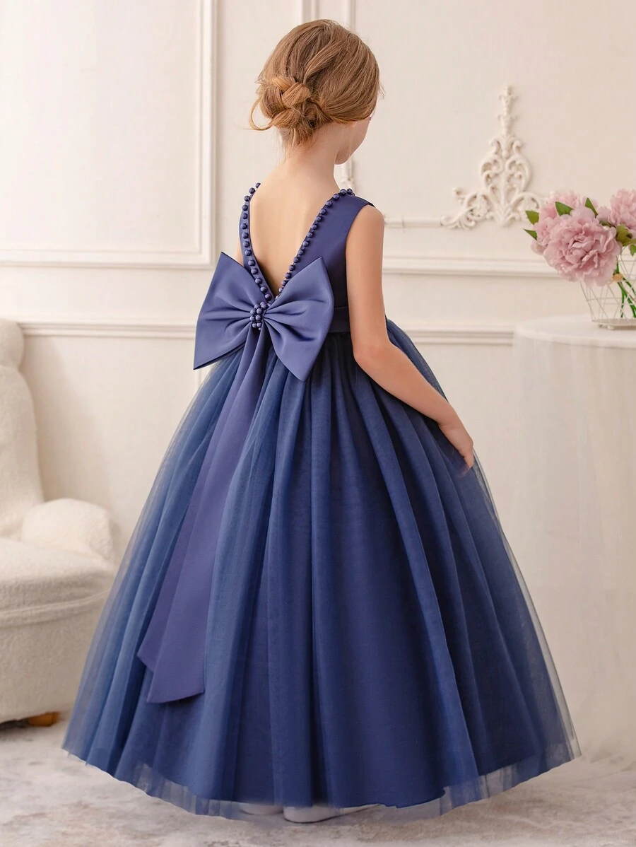 少女串珠 3D 蝴蝶结派对优雅公主裙，皇家蓝色，适合女孩生日派对、舞会、婚礼、伴娘、花童