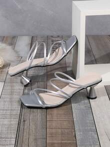 Giày sandal hở mũi quai tối giản, gót cao mỏng, phong cách thích hợp, thiết kế mùa hè mới 2025, thoải mái - Bạc - Xem 3