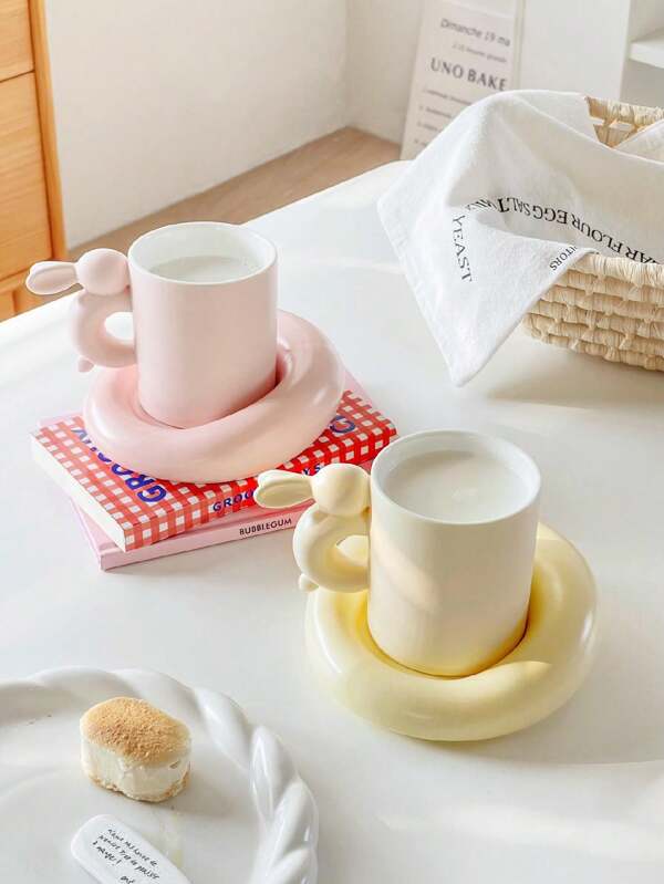 1 Ensemble Tasse À Café Et Soucoupe En Céramique De 300ml, Design Lapin Mignon, Adapté À La Maison, Au Bureau, Au Thé De L'après-midi, Au Café Goutte À Main, Cadeau De Couple