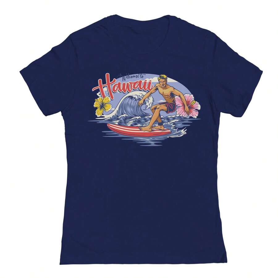 Nearly There Welcome To Hawaii Graphic Ladies Cotton Short-Sleeve T-Shirt - 藏蓝色 - 查看 1