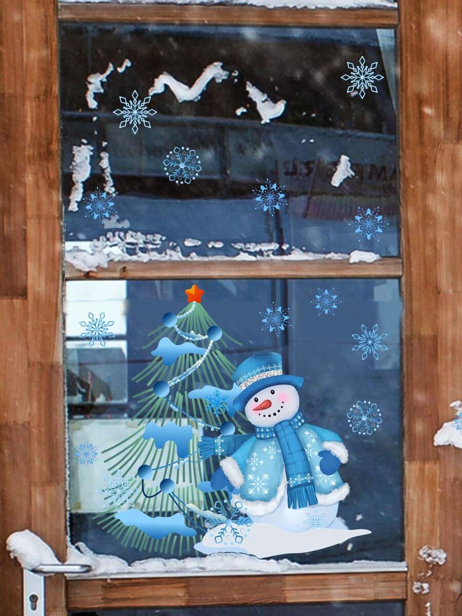 1pc Cartoon Blue Snowman, Snowflake & Christmas Tree Home Decor Wall Sticker For Christmas - Multicolor - View 1