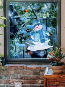 1pc Cartoon Blue Snowman, Snowflake & Christmas Tree Home Decor Wall Sticker For Christmas - Multicolor - View 3