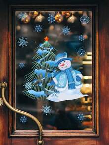 1pc Cartoon Blue Snowman, Snowflake & Christmas Tree Home Decor Wall Sticker For Christmas - Multicolor - View 2