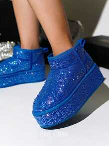 Women's  Rhinestone Suede Fur-Lined Booties - Platform Round Toe Suede Mid Heel For Brunch - Màu xanh lam - Xem 1