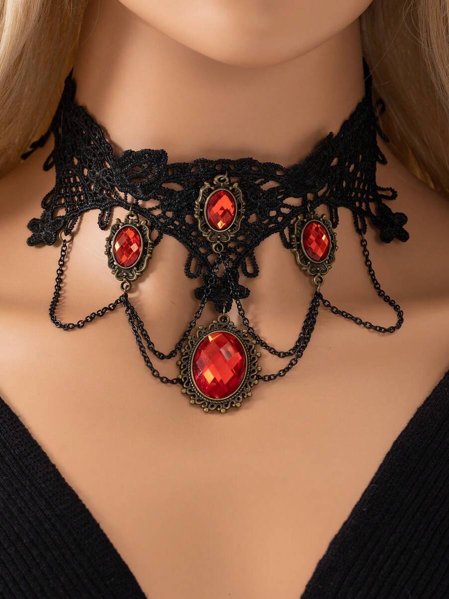 一個復古黑色蕾絲項鍊,哈娃萊恩搖滾飾品:女性流蘇項鍊