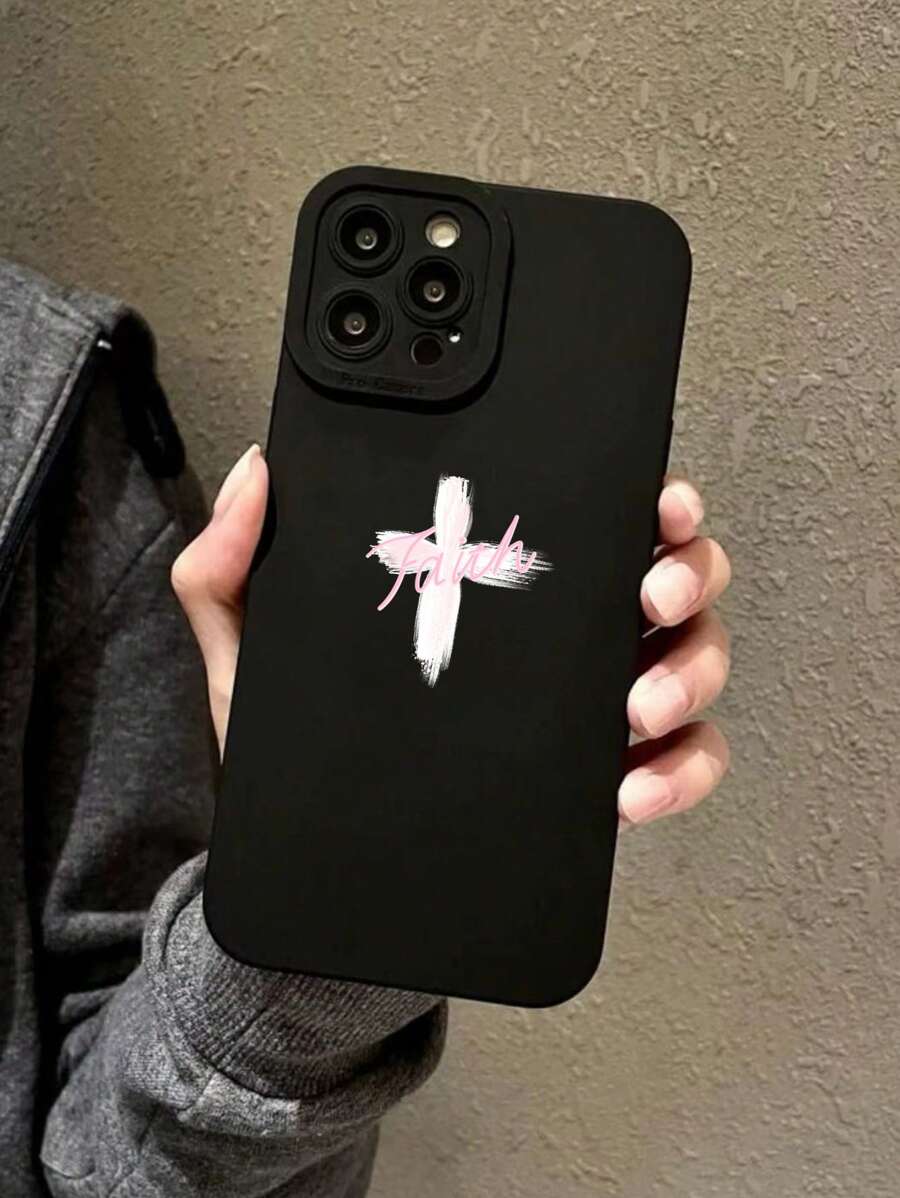 1pc Black Cross & Letter Design Tpu Shockproof Phone Case For Iphone15 - Black - View 1
