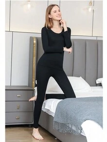 1set Seamless Body Shaping Thermal Underwear Set Including Top & Bottom, Autumn Winter - Black - View 2