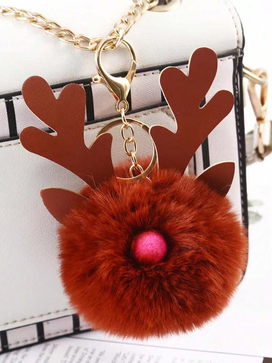 1pc Leather Antler & Christmas Ball Keychain - Brown - View 1