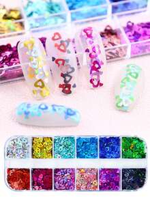 12格全息镂空心形美甲闪光亮片情人节指甲装饰芭蕾美甲配件 - 彩色 - 查看 9