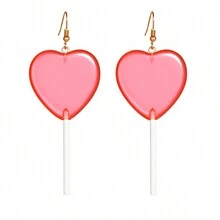 1 对/套红色粉色心形棒棒糖耳环可爱糖果吊坠耳环适合女士和女孩树脂心形耳环 80 年代 90 年代耳环情人节礼物 - 心形透明紫色 1對 - 查看 10