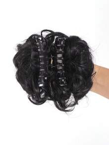 合成纖維髮髻凌亂小圓麵包爪夾在發片波浪狀的捲髮小圓麵包馬尾大腸髮圈假髮適合女士 - 黑色 - 查看 3