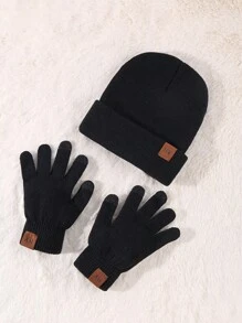 冬季男士无檐便帽触摸屏手套套装，无檐便帽手套套装，带保暖针织保暖衬里，冬季配饰，冬季服装 - 黑色 - 查看 2