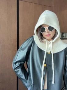 1頂實色針織帽,掛繩款,情侶通用款式,適用於戶外搭配穿搭,防風保暖 - 白色 - 查看 4