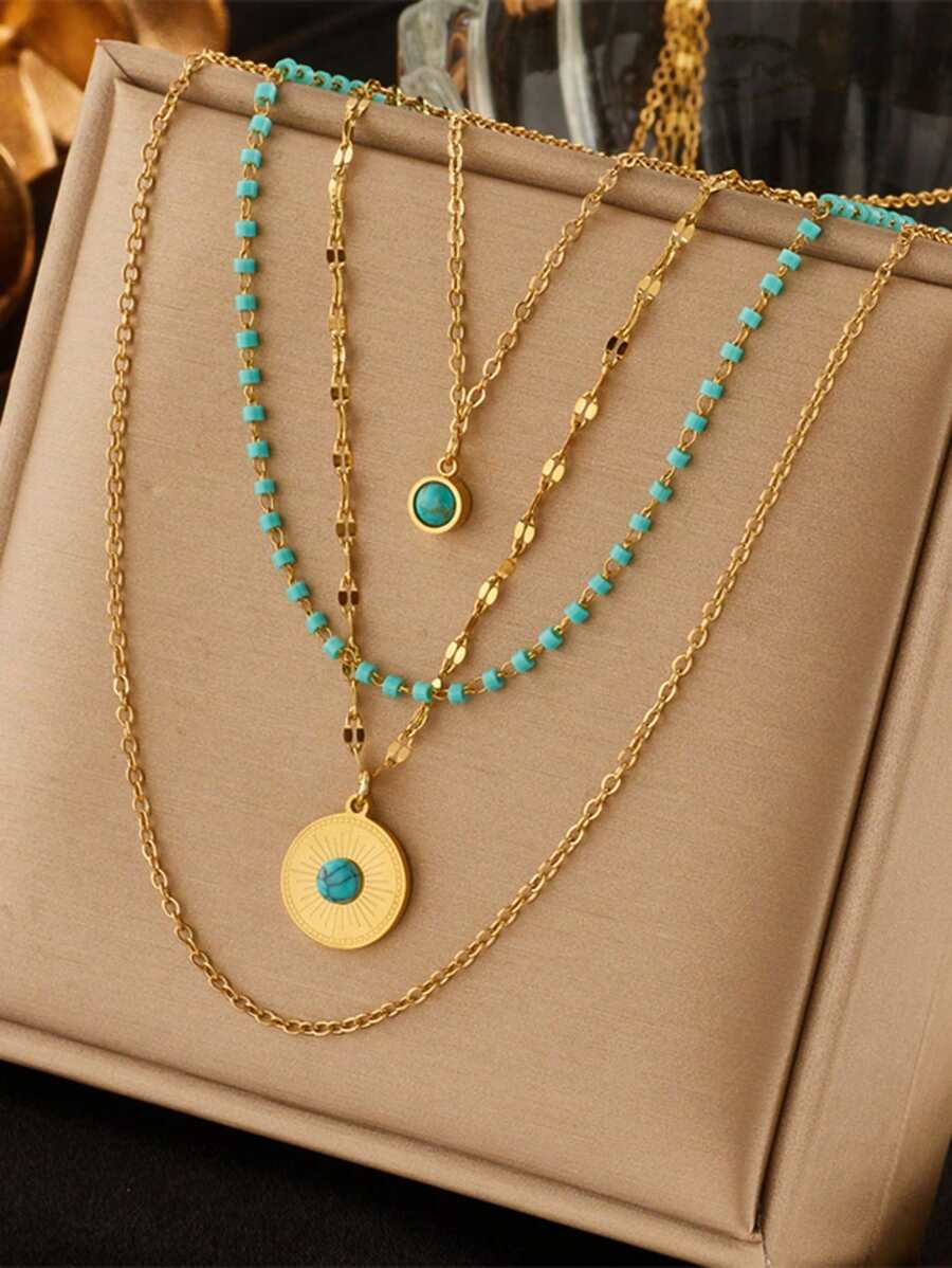 1 件复古简约多层绿松石吊坠钛钢项链链 - 彩色 - 查看 1