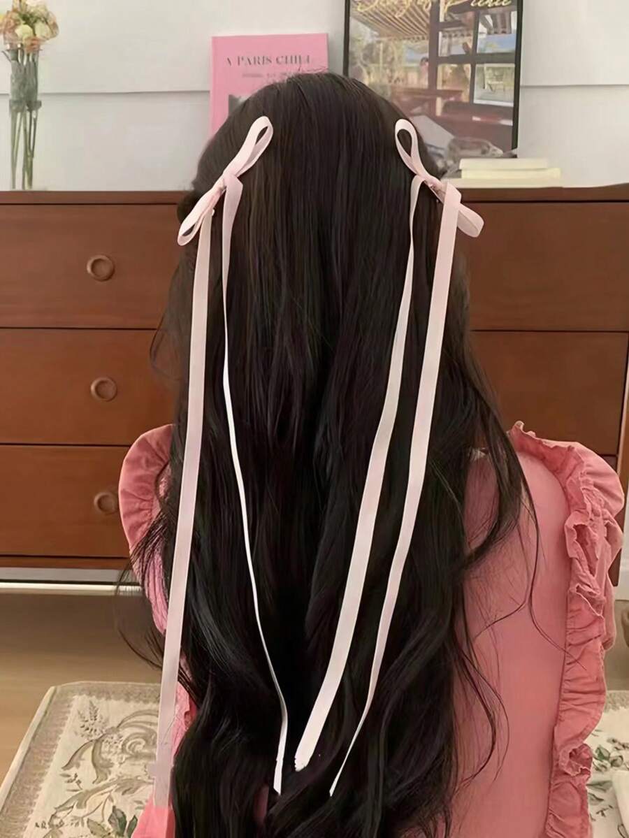 2入組女士純色蝴蝶結發夾，甜美女孩長緞帶髮夾，優雅的夾式髮飾