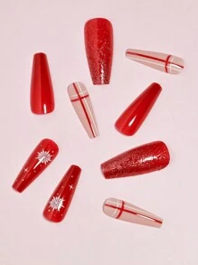 VV MEI JIA ER 聖誕紅白雪花假指甲（中號），冬季聖誕節拐杖假指甲，正方形塑膠假指甲新年禮物，紅色設計帶亮粉光澤假指甲盒，12種尺寸24粒亮片假指甲、1張貼紙和1支指甲銼針對指甲補給品。 - 彩色 - 查看 4