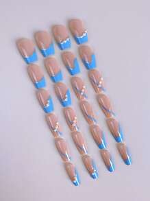Youthful Color 24 短 T 形指甲，清新蓝色不对称法式珍珠美甲，可爱风格可穿戴指甲套装，适合女性日常佩戴 - 彩色 - 查看 3