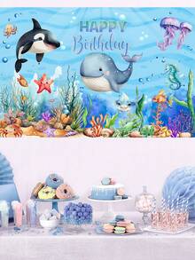 1件蓝色海洋主题生日背景布，鲸鱼和鲨鱼图案生日派对装饰背景，适合1岁、2岁、3岁生日派对 - 彩色 - 查看 3