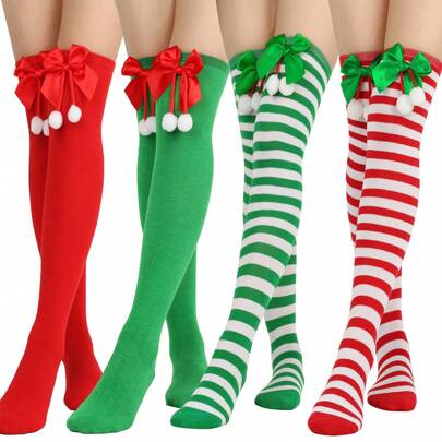 1pair Bowknot Christmas Stocking & Striped Knee-High Socks For Women, Europe And America Festival Style