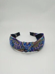 1頭戴式民族風刺繡頭帶,幾何圖案,菱形和格子,多色,適用於派對、日常和節日 - 寶藍色 - 查看 4