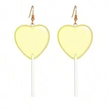 1 对/套红色粉色心形棒棒糖耳环可爱糖果吊坠耳环适合女士和女孩树脂心形耳环 80 年代 90 年代耳环情人节礼物 - 心形透明紫色 1對 - 查看 9