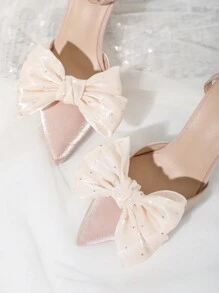 1對(2件)女鞋配飾,天鵝絨和鉆石裝飾米色蝴蝶結平底鞋和高跟鞋扣子,可拆卸,多功能和時尚適用於派對和活動