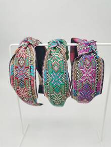 1頭戴式民族風刺繡頭帶,幾何圖案,菱形和格子,多色,適用於派對、日常和節日 - 寶藍色 - 查看 8