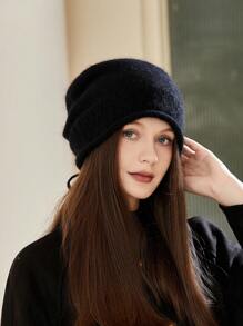 1頂針織帽子,適用於秋冬季節,防風保暖女式無邊帽,y2k毛織帽,情侶鋼絲帽,捲邊針織貝雷帽 - 黑色 - 查看 5