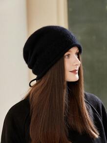 1頂針織帽子,適用於秋冬季節,防風保暖女式無邊帽,y2k毛織帽,情侶鋼絲帽,捲邊針織貝雷帽 - 黑色 - 查看 1