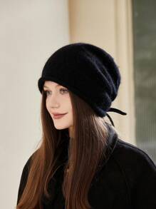 1頂針織帽子,適用於秋冬季節,防風保暖女式無邊帽,y2k毛織帽,情侶鋼絲帽,捲邊針織貝雷帽 - 黑色 - 查看 4