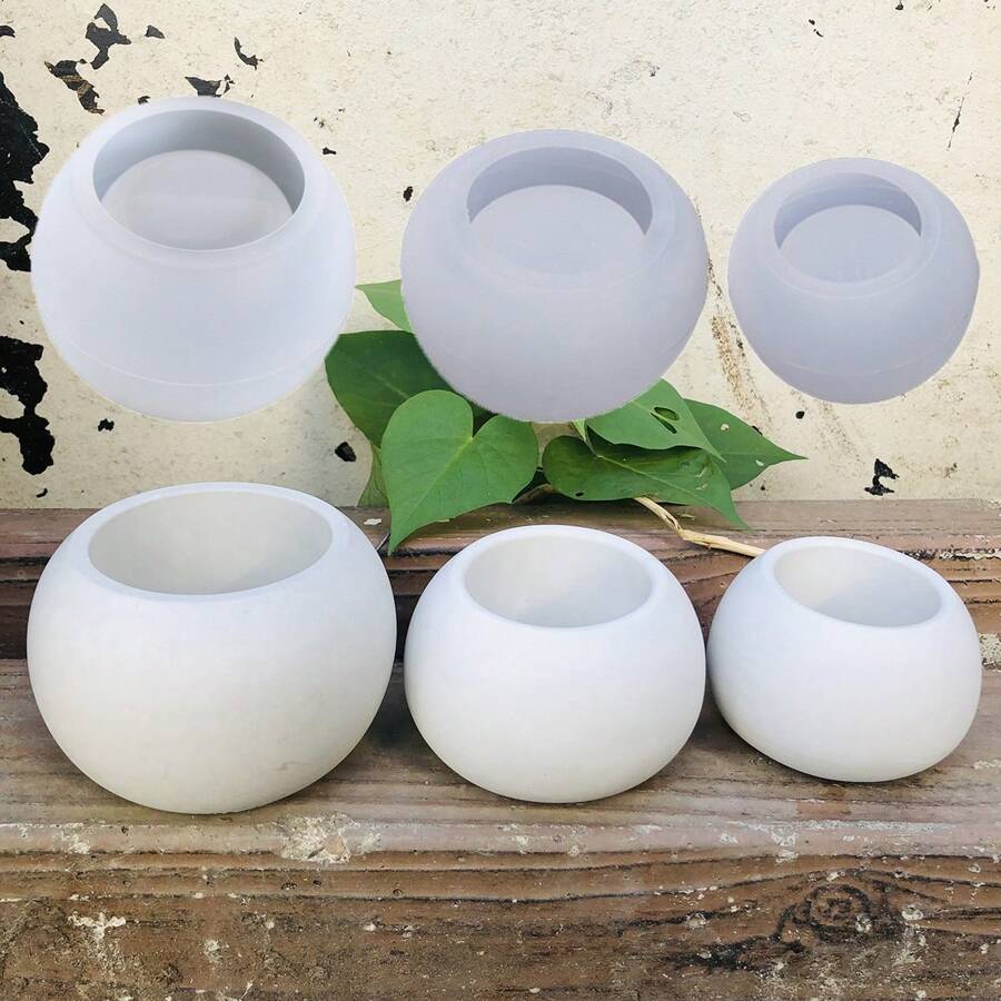 3 件套圆形花盆水泥模具混凝土烛台烛杯容器硅胶模具多肉植物盆栽 DIY 模具 - 白色 - 查看 1
