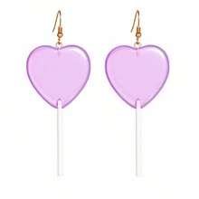1 对/套红色粉色心形棒棒糖耳环可爱糖果吊坠耳环适合女士和女孩树脂心形耳环 80 年代 90 年代耳环情人节礼物 - 心形透明紫色 1對 - 查看 8
