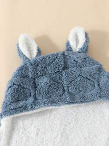 新生儿双层毛绒兔耳襁褓毯爱心情人节 - 霧霾藍 - 查看 6