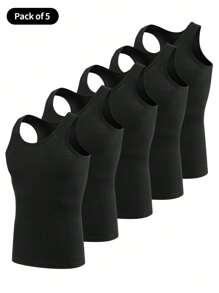 5pcs Men's Athletic Comfortable Sleeveless Undershirt, Sports, Fitness, Casual, Solid Color Vest