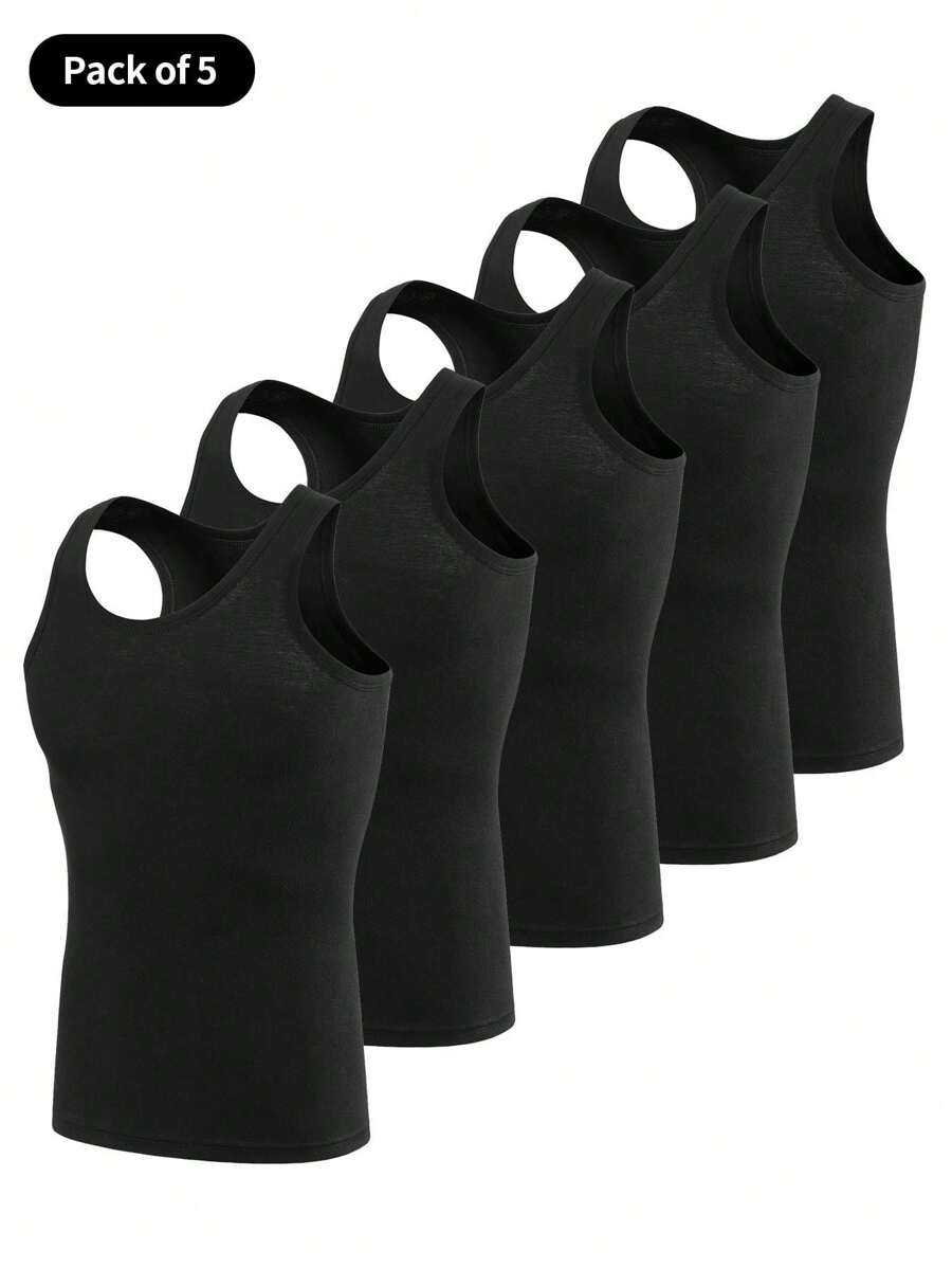 5pcs Men's Athletic Comfortable Sleeveless Undershirt, Sports, Fitness, Casual, Solid Color Vest