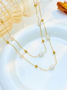 1pc Double Layered Gold-Plated Titanium Steel Chain With Beads And Faux Pearls Vintage Necklace