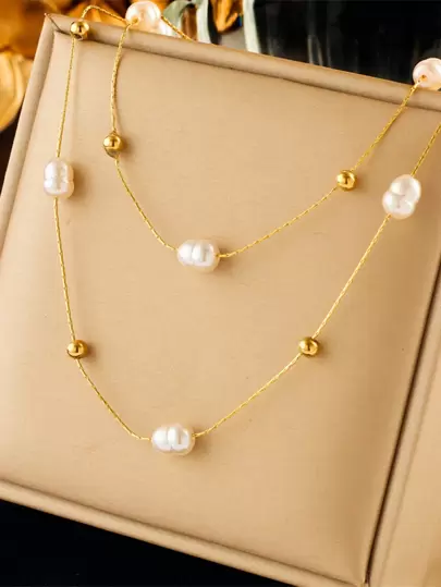 1pc Double Layered Gold-Plated Titanium Steel Chain With Beads And Faux Pearls Vintage Necklace