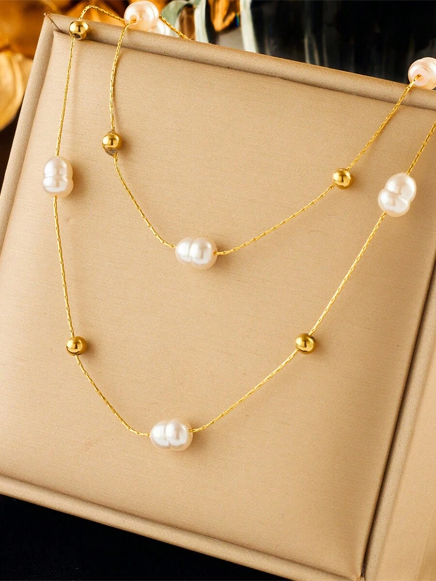 1pc Double Layered Gold-Plated Titanium Steel Chain With Beads And Faux Pearls Vintage Necklace