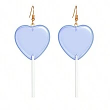 1 对/套红色粉色心形棒棒糖耳环可爱糖果吊坠耳环适合女士和女孩树脂心形耳环 80 年代 90 年代耳环情人节礼物 - 心形透明紫色 1對 - 查看 12