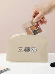 手繪貓樣式八角形燈芯絨化妝包 - 卡其色 - 查看 4