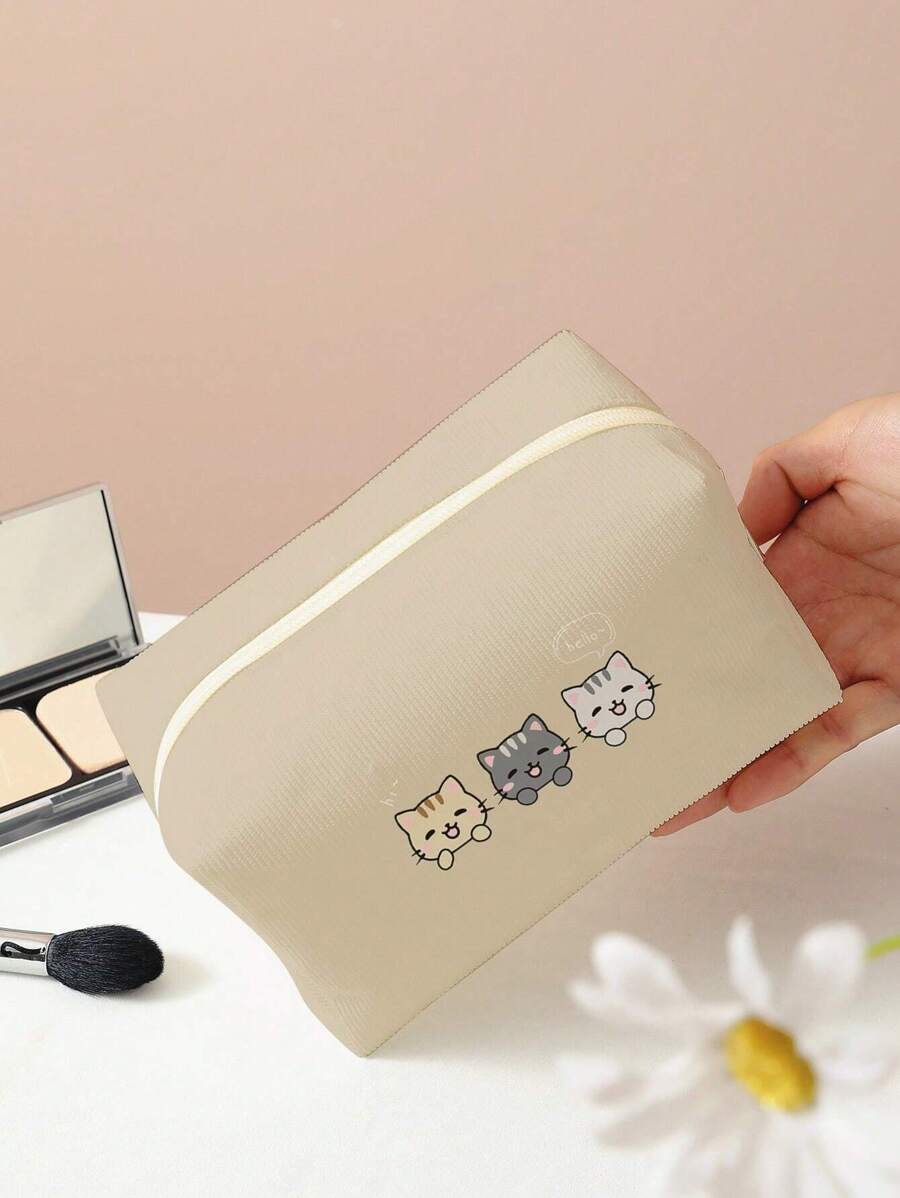 Vẽ bằng tay Hình con mèo Hình bát giác Vải to sợi Túi mỹ phẩm - Màu Khaki - Xem 1