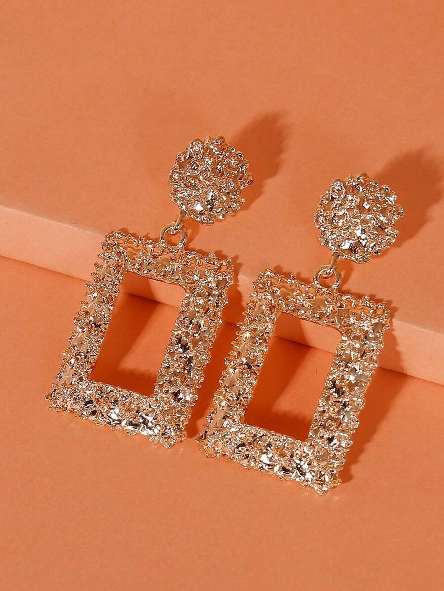 1pair Retro Style Alloy Textured Geometric Square Spray Paint & Electroplated Earrings For Women, Daily Wear - Rose Gold - View 1