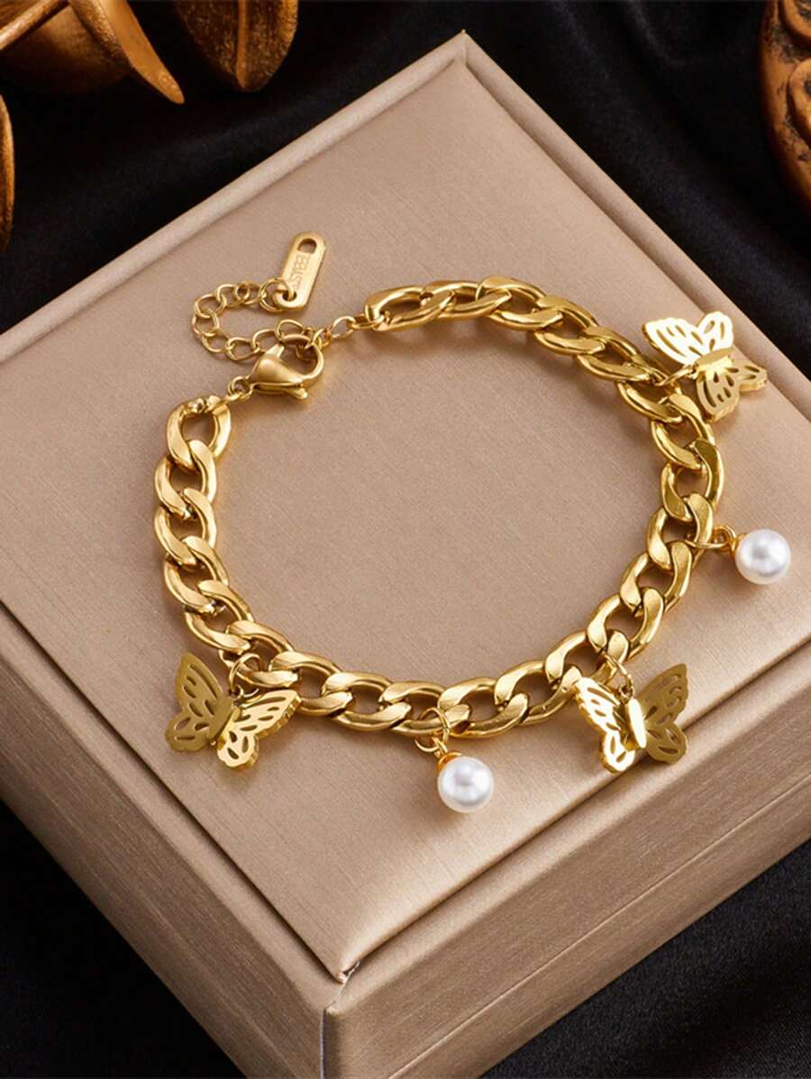 1入組鍍金鈦鋼珠鏈,配蝴蝶形吊墜,適用於diy手鍊飾品 - 金色 - 查看 1